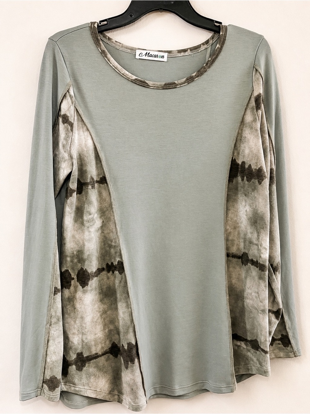MACARON Sage Green Long Sleeve Panel Tee with Olive Tie-Dye Accents